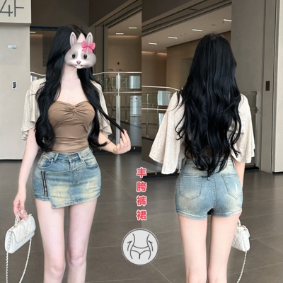 夏季丰胯新款~前裙后裤高腰百搭修身A字包臀防走光性感牛仔裤裙