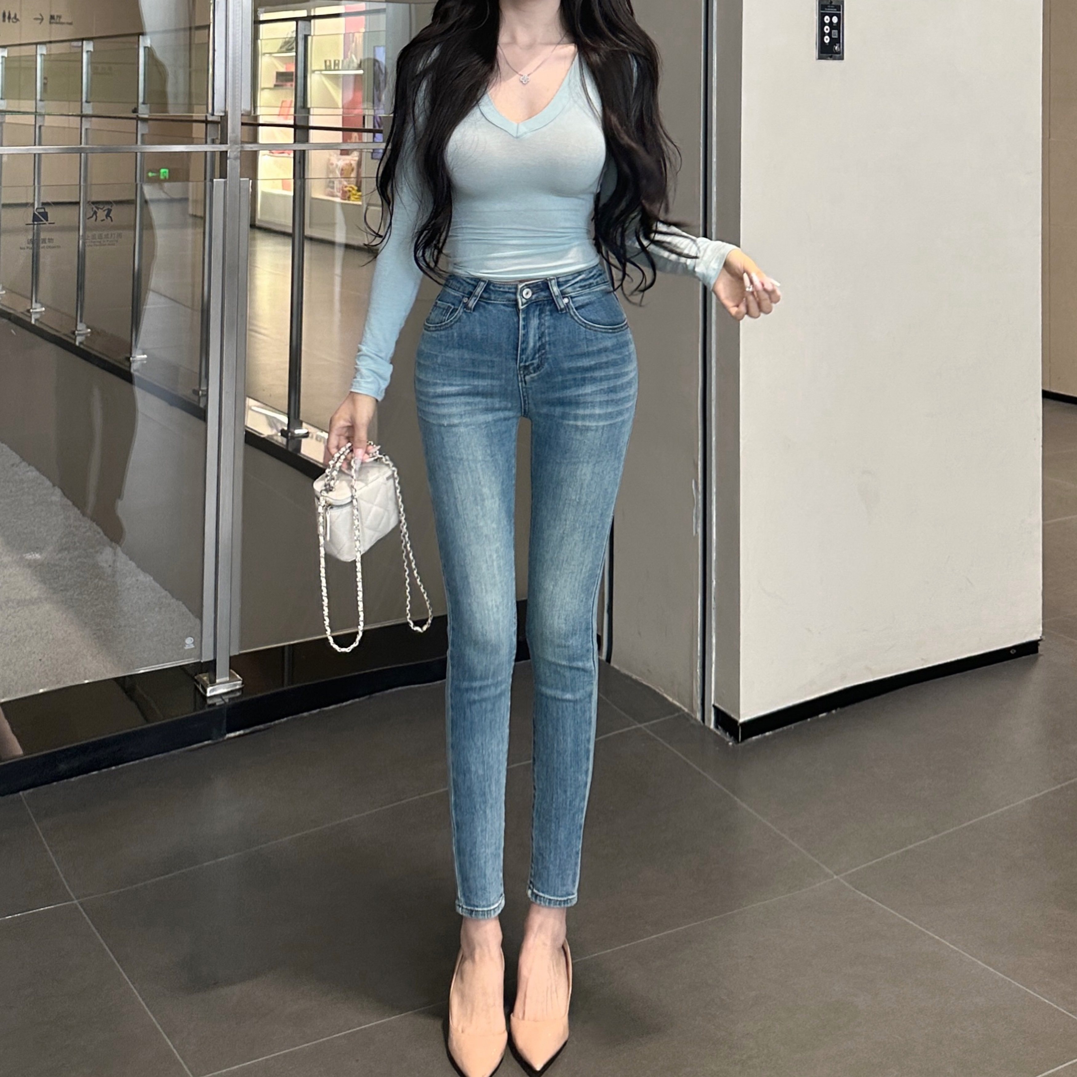 韩版新款～中高腰修身紧身小脚裤百搭显瘦小个子牛仔裤九分铅笔裤