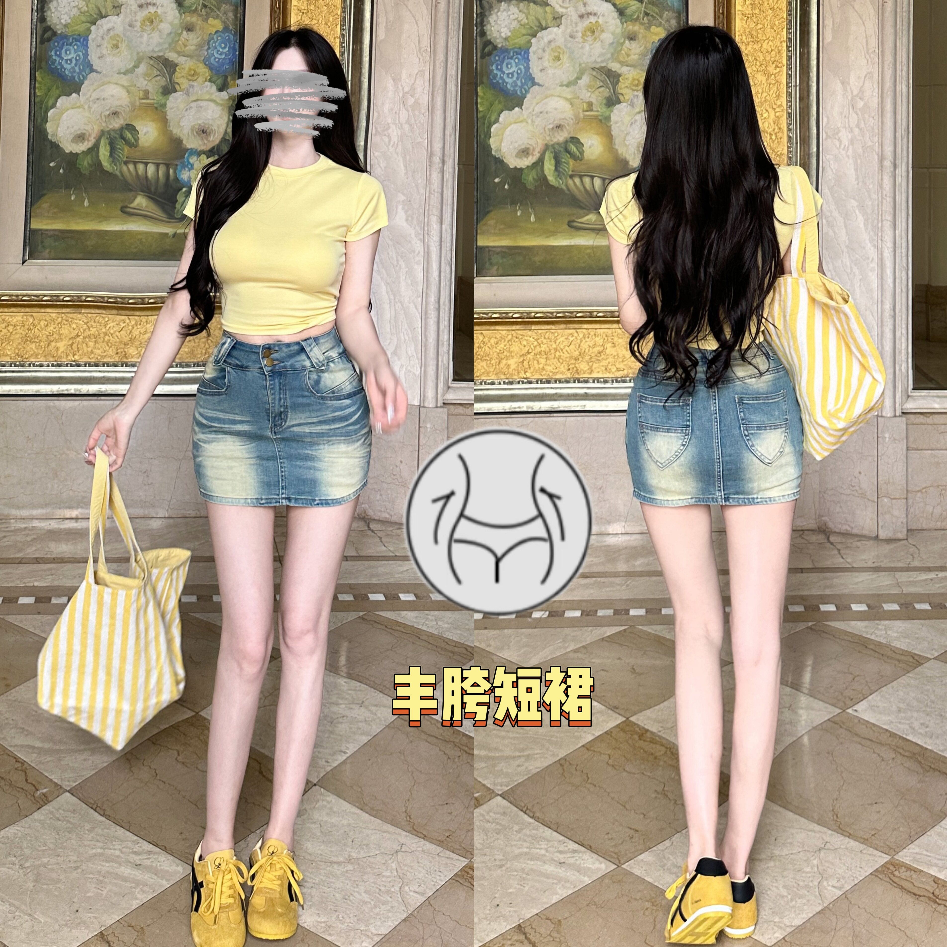 丰胯A字短裙~复古水洗双扣高腰修身百搭夏季大长腿包臀裙牛仔裤裙