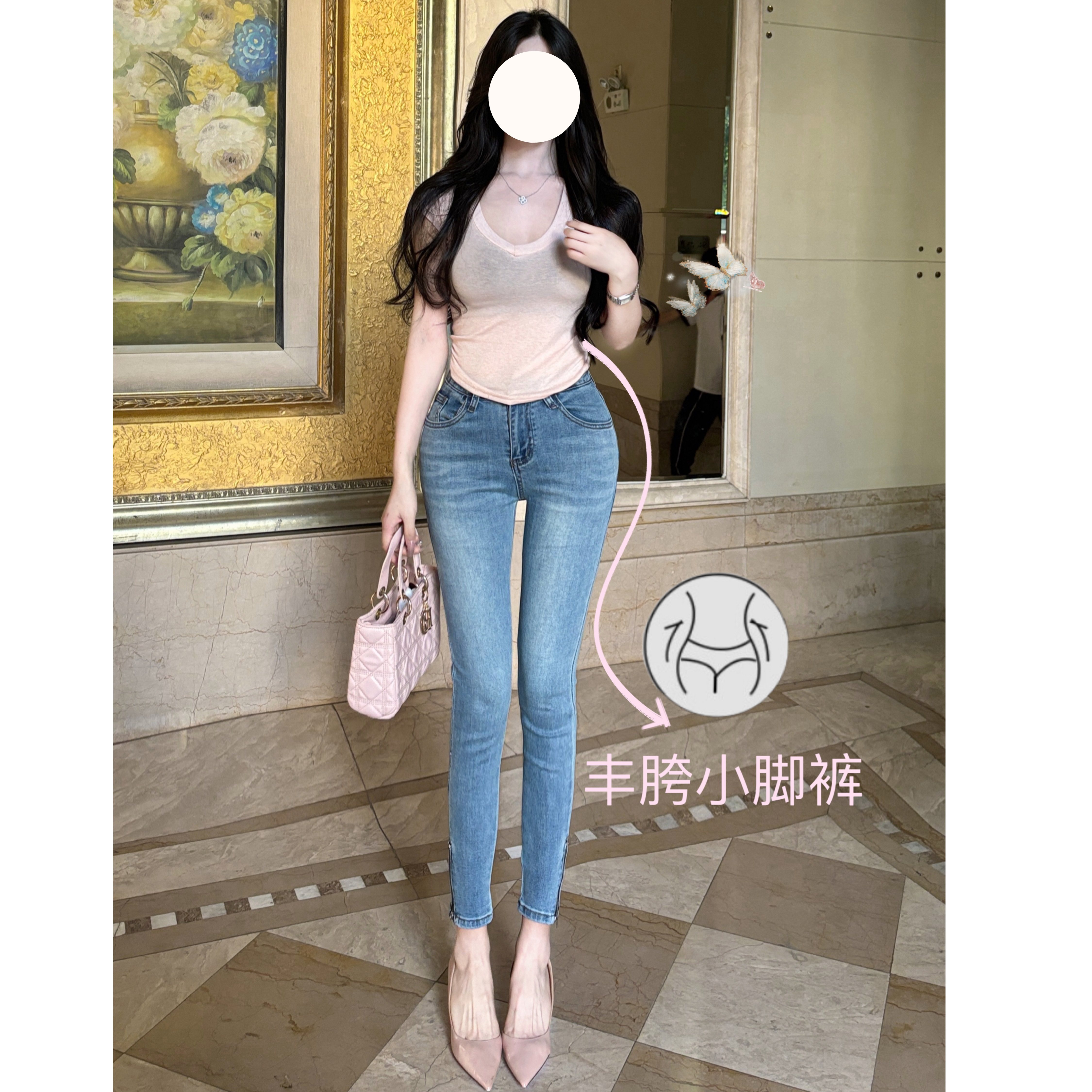 INS风设计感~丰胯系列裤脚拉链高腰弹力铅笔裤修身丰胯牛仔小脚裤