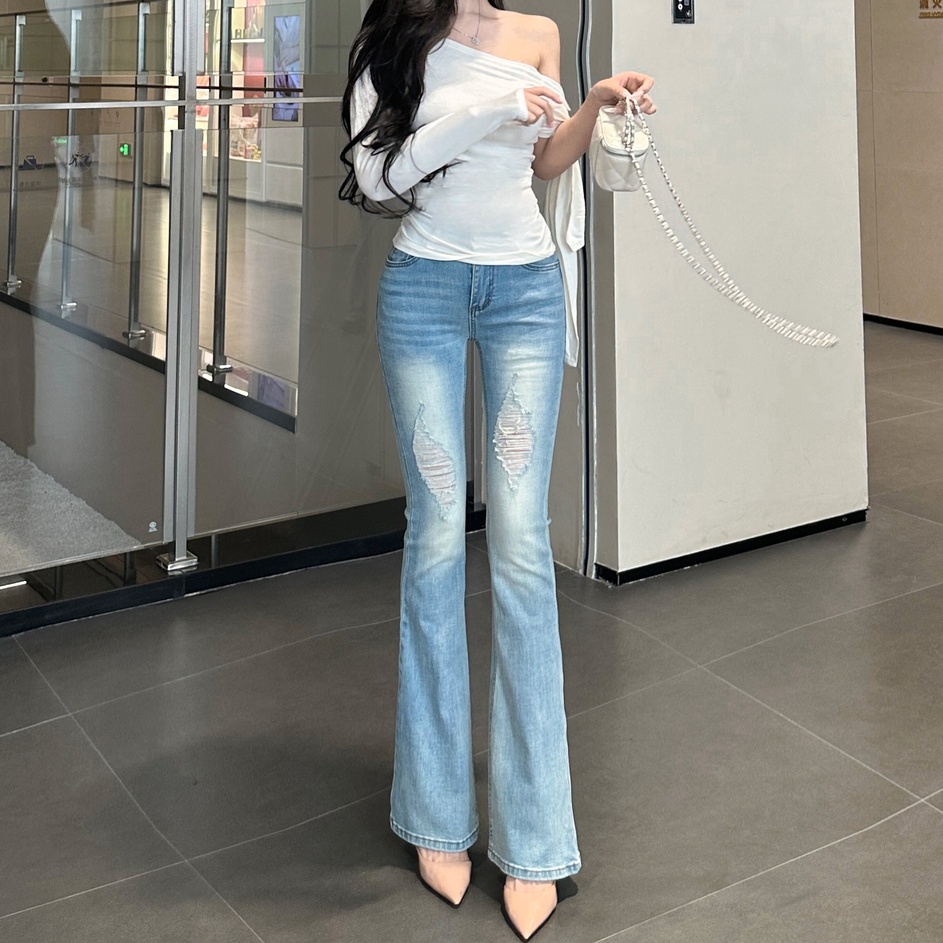 破洞设计感~弹力修身V腰新款浅色微喇叭牛仔裤拖地裤
