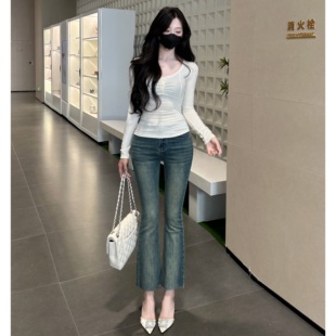 丰胯细腰~九分微喇叭裤巨显腿直独特水洗小个子穿搭丰胯牛仔裤