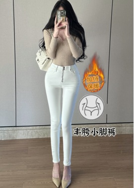 加绒丰胯~韩版设计感拉链白色修身九分牛仔裤高腰纯欲弹力小脚裤