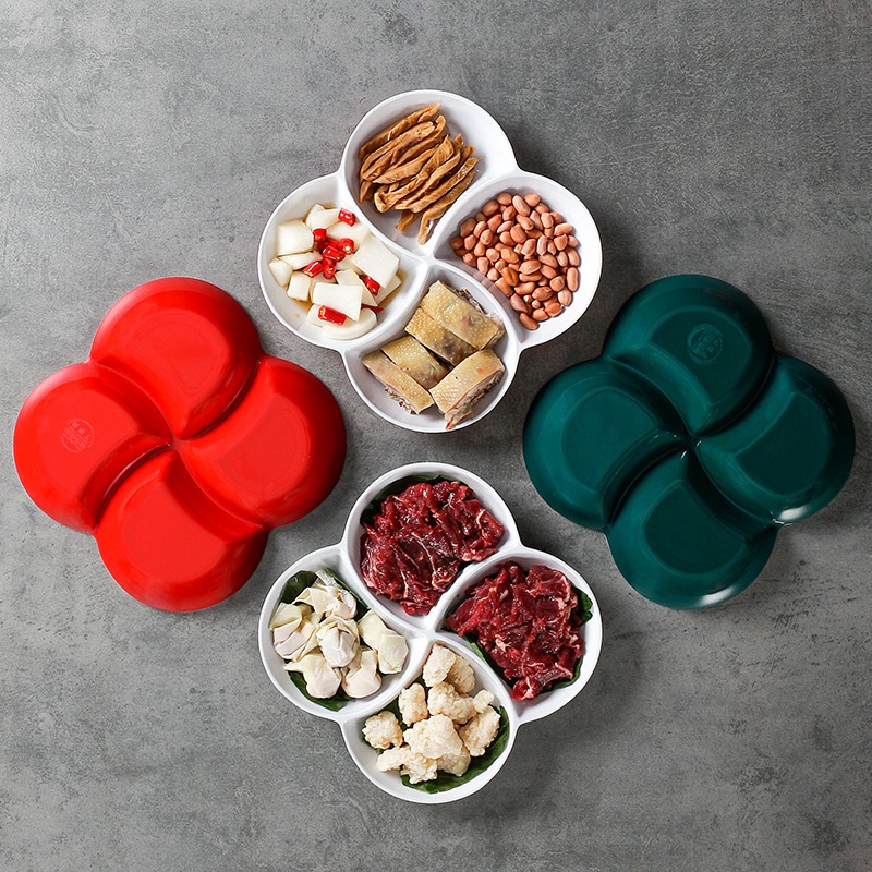 双色塑料四格盘干果水果坚果分格盘子密胺餐具仿瓷餐盘小吃盘商用