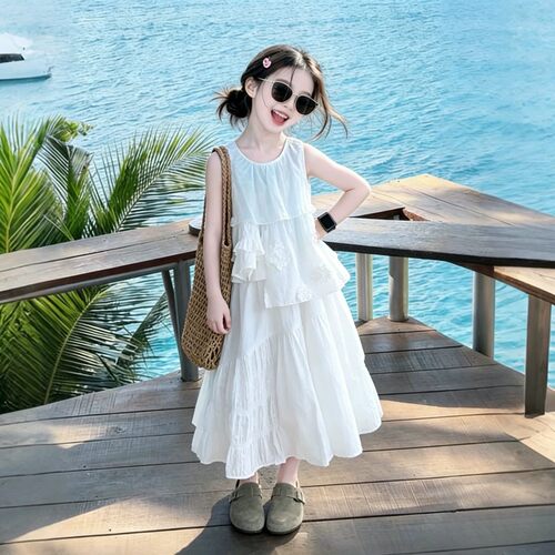 女童夏季白色无袖公主裙两件套