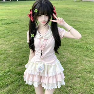 女大童甜美风连衣裙娃娃领两件套夏季学院风蛋糕蓬蓬裙套装初中生