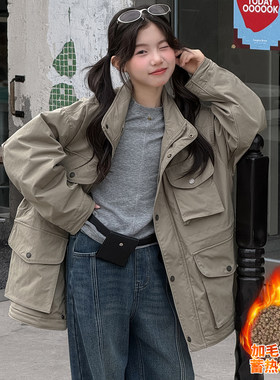 女大童工装多口袋加绒中长款风衣