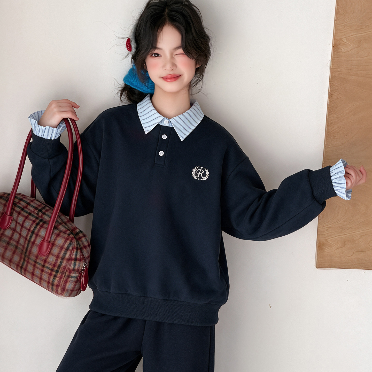 女大童学院风假两件卫衣女孩加绒加厚衬衫领休闲上衣巨好看秋冬装