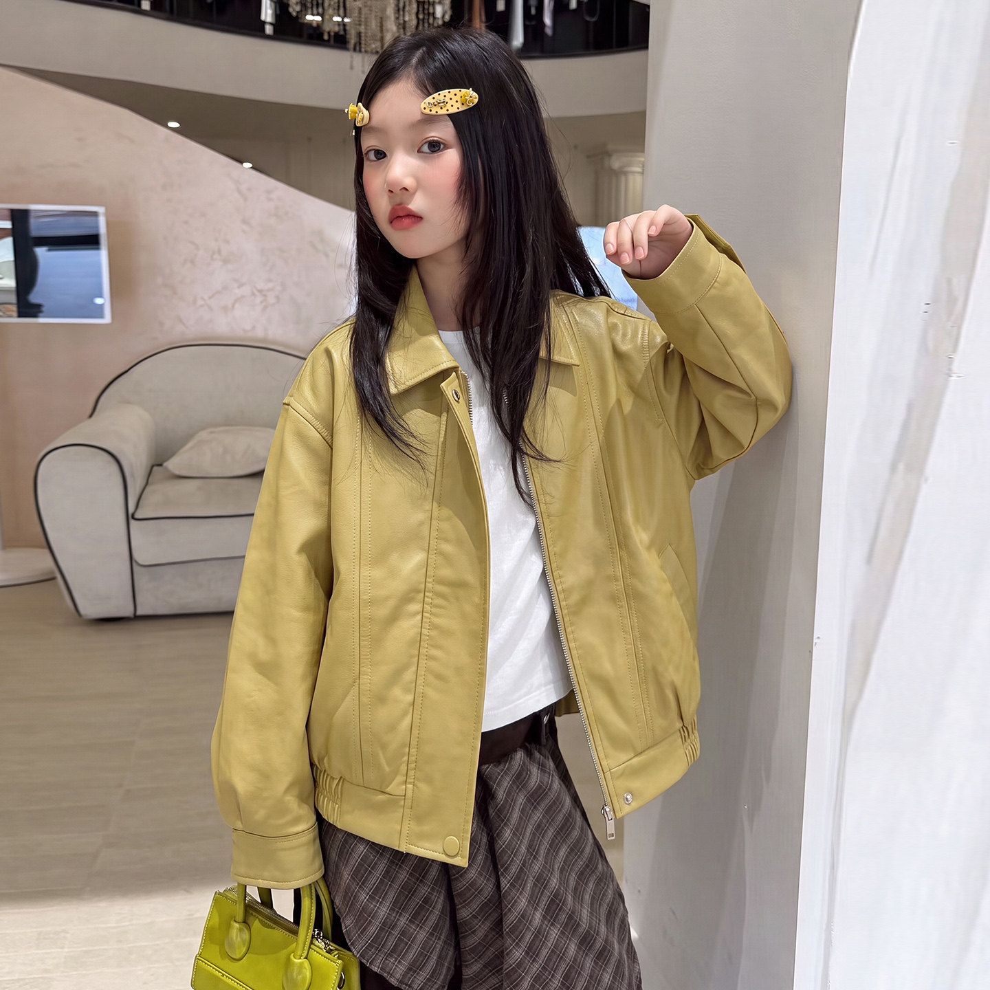 女大童复古翻领皮衣2026春秋新款女孩短款宽松夹克外套休闲上衣潮
