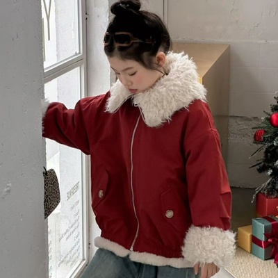 女童红色加绒加厚外套
