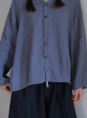 现货 Brocante 文艺温婉宽松落肩棉麻V领衬衫 水泥灰