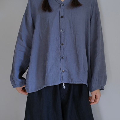 现货 Brocante 文艺温婉宽松落肩棉麻V领衬衫 水泥灰