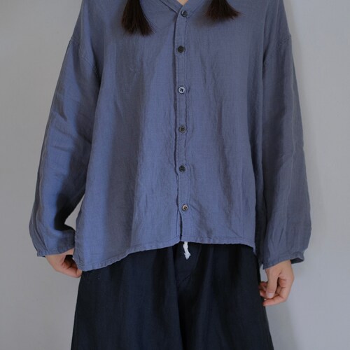 现货 Brocante 文艺温婉宽松落肩棉麻V领衬衫 水泥灰
