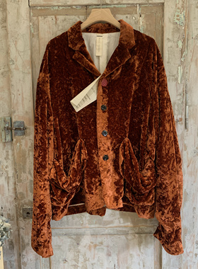 现货Shinyakozuka日本小众设计复古文艺橘色丝绒外套