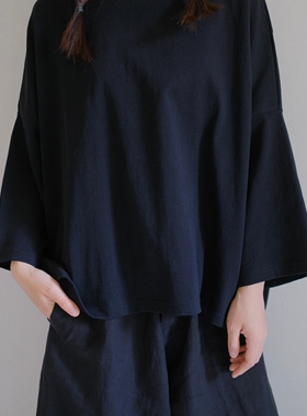 现货 日本Brocante极简风舒适柔软宽松落肩廓形七分袖休闲圆领T恤