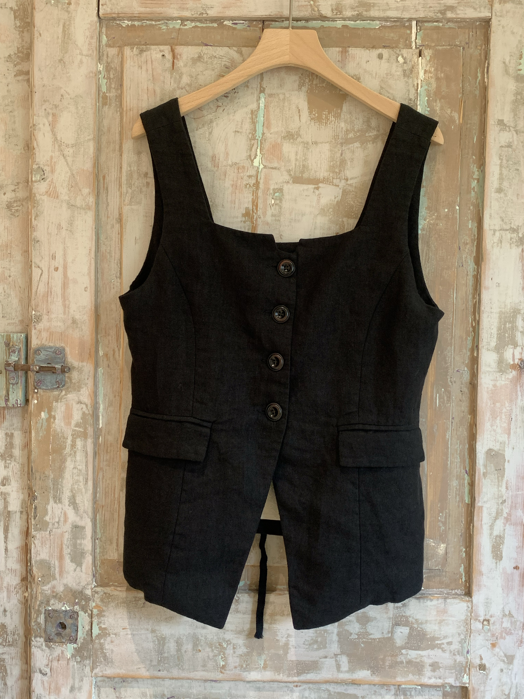 现货Jammer复古文艺时尚休闲黑色亚麻布纽扣口袋背心马甲