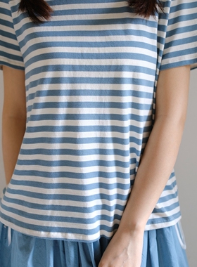 现货 意大利Apuntob基础款蓝白条纹纯棉小圆领短袖直筒t恤