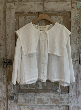 现货Jammer复古文艺时尚休闲亚麻白色娃娃领大领子长袖短款衬衫