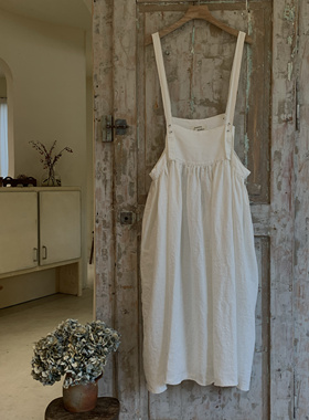 现货Jammer复古文艺时尚休闲亚麻布白色宽松背带裙