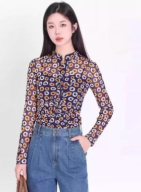 哥家商场同款新款女装2026春季立领弹力网纱印花长袖衬衫1301005