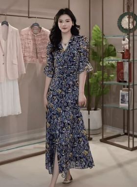 哥家商场同款女2025夏新款正品优雅气质法式碎花茶歇连衣裙550040