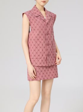 哥家商场同款2026新款翻领小香风格纹提花无袖马甲短裤套装140021