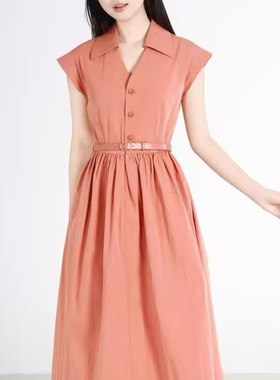 哥家商场同款2025夏季新款女衬衫连衣裙轻奢V领收腰显瘦女150003