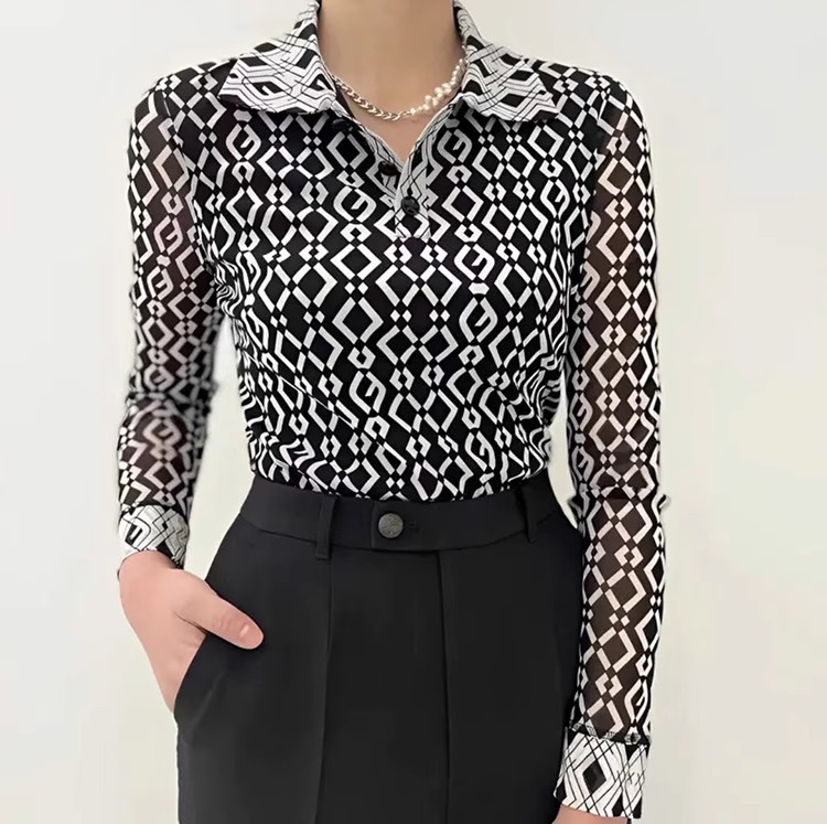 哥家商场同款2026新款格子弹力网纱polo打底套头长袖衬衫1300886