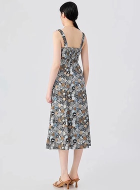 哥家女装2025夏新款商场同款舒适百搭桃心领吊带碎花连衣裙150028