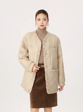 哥家商场同款25冬季菱格纹拼接小香风高颜值廓中长形棉服女540040
