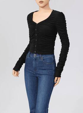 哥家商场同款26V领褶皱衬衫女长袖修身设计感打底上衣短款5301067