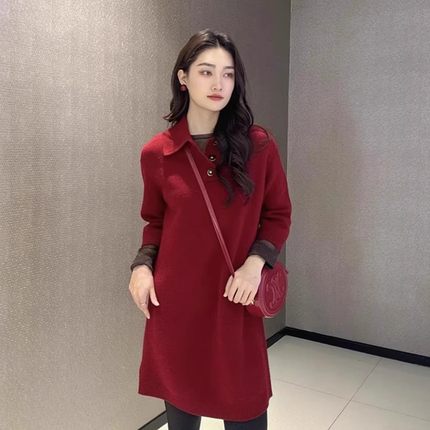 哥家商场同款2025秋冬新款宽松翻领羊毛针织衫连衣裙女装1599030