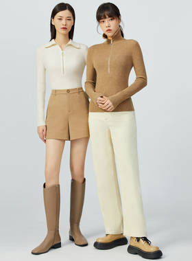 哥家商场同款2025秋冬款拉链翻领羊毛长袖打底衫针织衫女装A30099