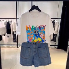 哥家商场同款2025夏新款宽松圆领亮片钉珠印花纯棉短袖T恤1300901