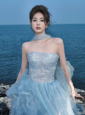 白鹿同款蓝色抹胸重工小晚礼服裙高级感生日宴会演出服2025新款女