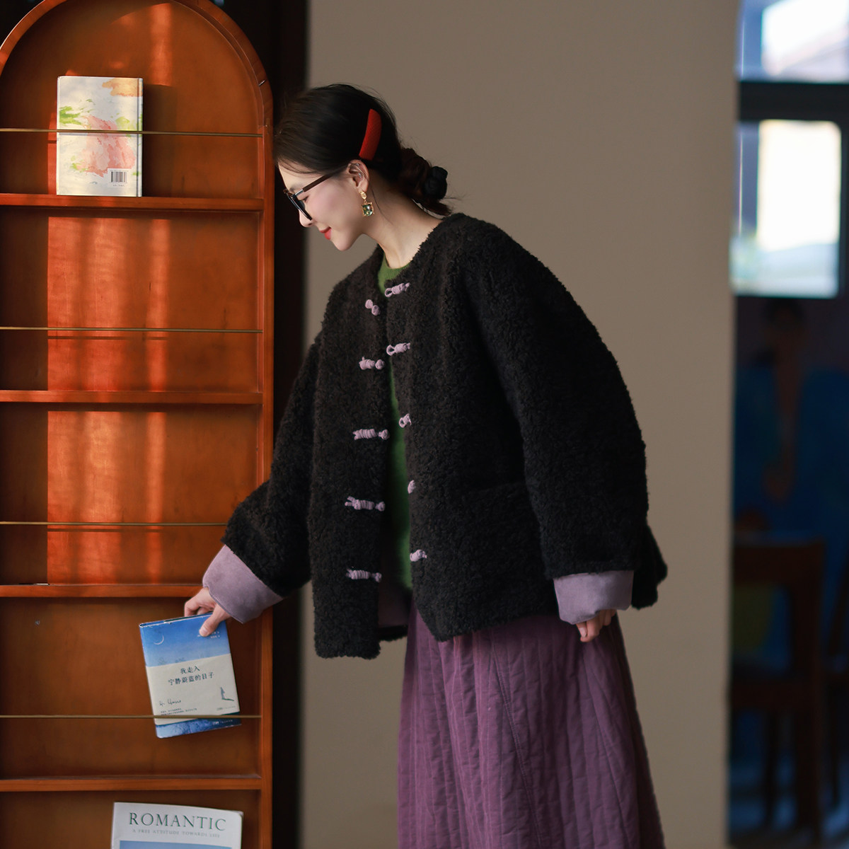 年款墨黛冬季【紫气东来】复古盘扣保暖圆领中式皮毛一体外套上衣,女装/女士精品,短外套,淘宝优惠券,粉丝福利购,淘宝优惠卷