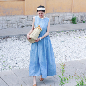 墨黛原创女装2026夏季炒色亚麻圆领无袖大摆长款无袖连衣裙背心裙