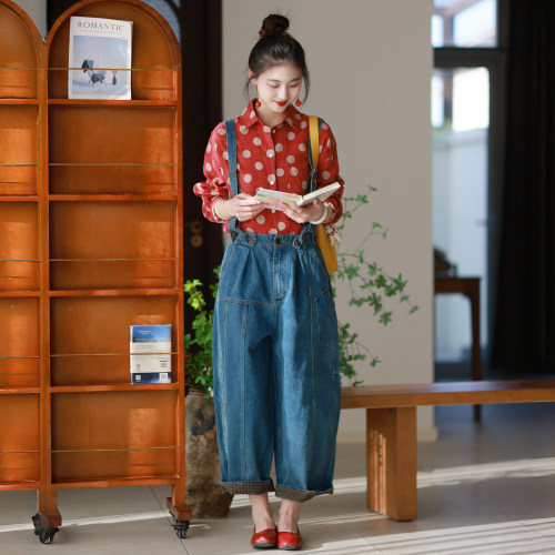 墨黛原品女装春季新品纯棉百搭文艺风显瘦高腰牛仔背带裤九分裤