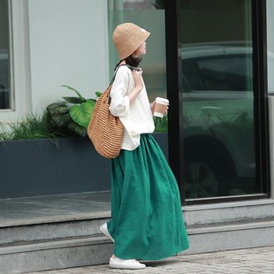 墨黛原创文艺［青梅］2026春夏新品 大摆半身裙 亚麻绿色松紧腰长款