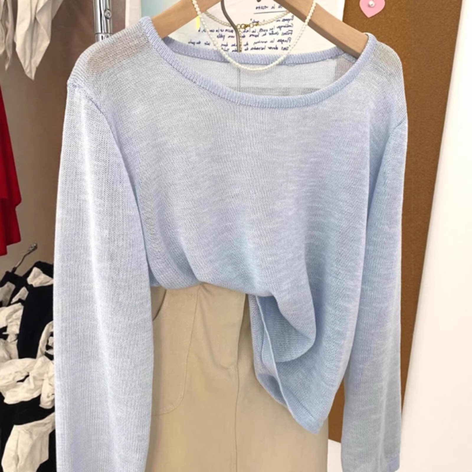 多巴胺竹节冰丝麻长袖防晒针织T恤女夏轻薄套头慵懒净色空调罩衫