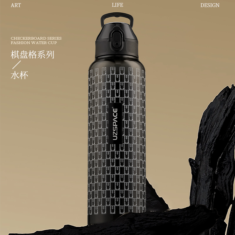 优之大容量运动水杯2024新款水壶便携杯子棋盘格印花轻奢杯