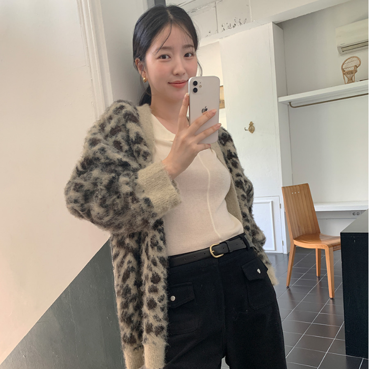 【cuckoo】韩国官网代购 from beginning 韩系豹纹V领针织开衫