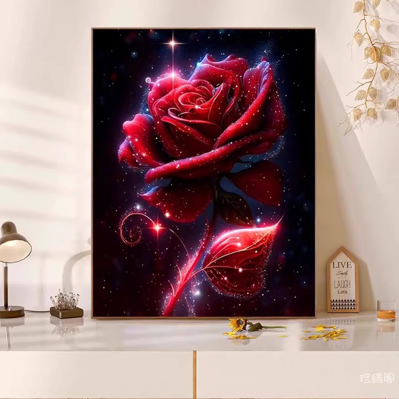 高级感红玫瑰钻石画方钻手工diy花卉卧室贴砖点钻十字绣满钻新款