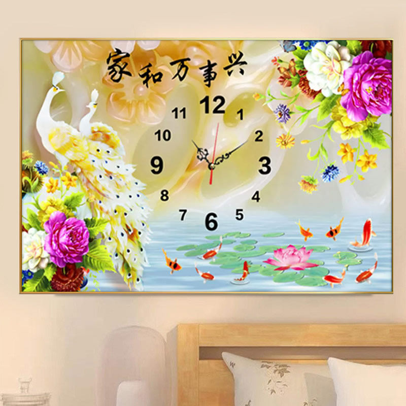 客厅5D满钻钻石画钟表孔雀牡丹花开富贵立体圆钻点粘砖贴钻十字绣