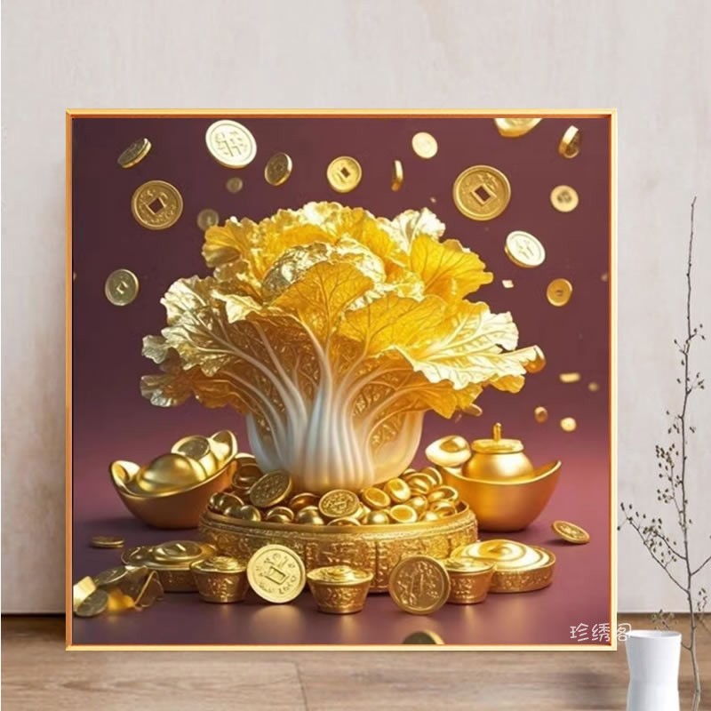 5d金白菜钻石画2026新年款百财纳福客厅招财粘砖贴钻十字绣聚宝盆