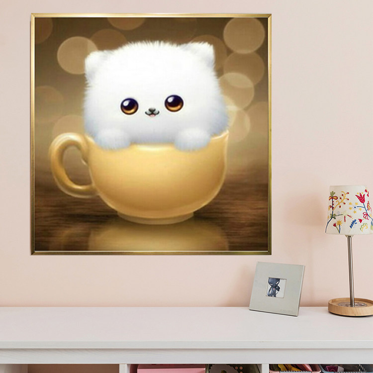 5d小白猫钻石绣满钻新款可爱萌宠女童手工点钻十字绣卧室砖石贴画