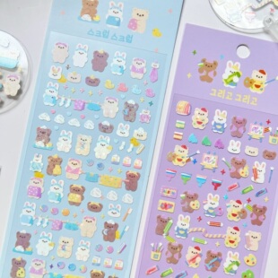 ins超大张画家泡澡小熊小兔咕卡贴纸可爱卡通烫银闪闪diy手帐装 饰