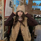 WS复古棕色小香风无袖 外套女秋冬新款 叠穿毛毛马甲坎肩背心上衣