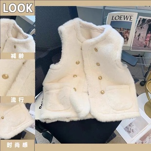 加厚保暖皮草上衣 小香风双排扣马甲外套女秋冬仿水貂绒毛衣开衫