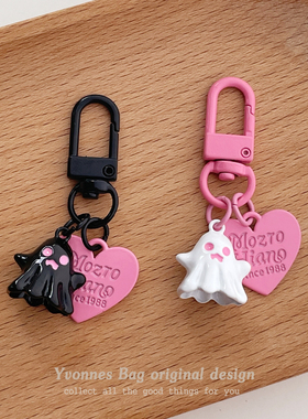 可爱个性甜酷小幽灵鬼怪爱心挂饰粉色黑色圆扣挂饰钥匙扣耳机挂件